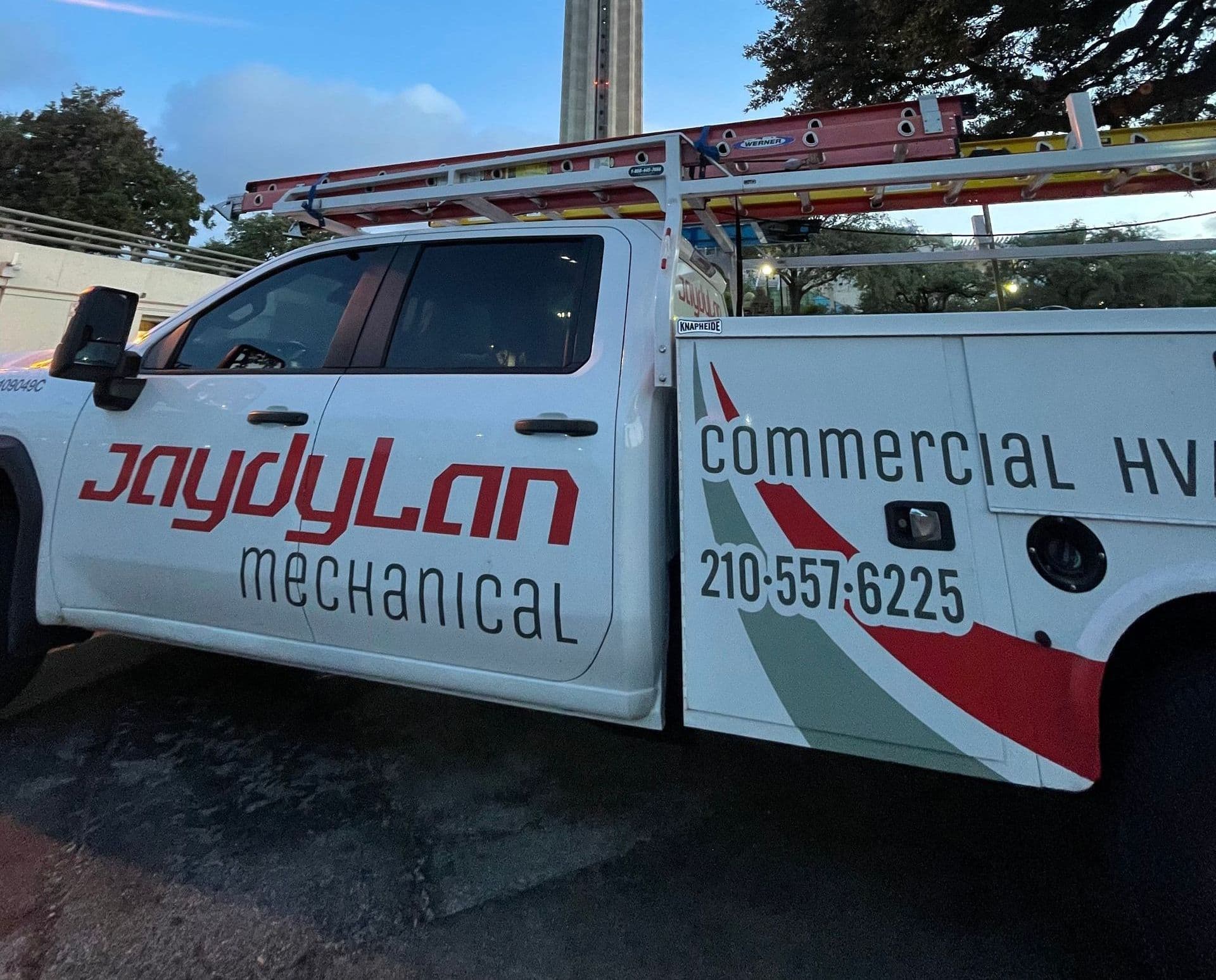 Jaydylan Mechanical service truck on site in San Antonio